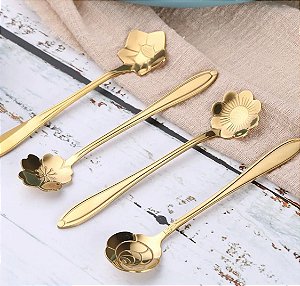 Conjunto 4 Colheres Aço Inox Para Chá ou Café Flores Dourado
