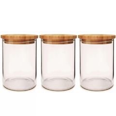 Conj 03 Pote de vidro Hermetico 220ml - Tampa de Bambu