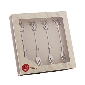 Jogo 4 Garfo P/ bolo Aço Inox Chá Café Folha Prata