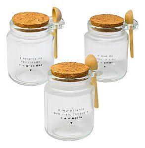 Pote Porta tempero de Vidro c/ colher bambu e tampa rolha 240ml