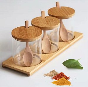 Kit 3 Potes Porta Tempero de Vidro com Colher e Tampa de Bambu e bandeja