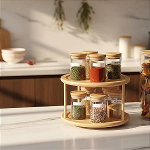 Tábua Bandeja Organizador Giratória De Bambu Redonda 2 andares 25cm