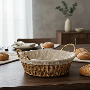Cesta De Pão Redonda Com Alças Tecido Natural - 24cm - flor