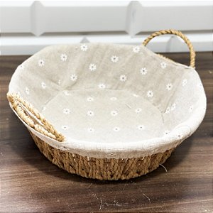 Cesta De Pão Redonda Com Alças Tecido Natural - 24cm - flor