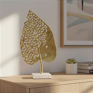 Escultura Folha Decorativa 49cm em Metal e Marmore Grande