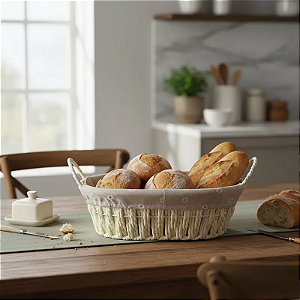 Cesta De Pão Oval Com Alças Tecido Natural 27cm Branco Flor