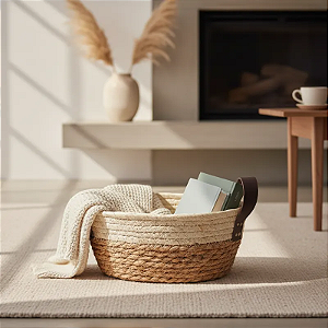 Cesto Organizador Oval Fibra Natural com Alça de Couro 28cm