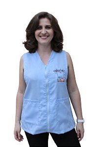 Avental Ametista professora, com ziper, bordado lateral nas cores Azul ou Branco