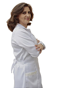 Jaleco Agua Marinha feminino branco, gripir nas mangas e bolsos frontais, com faixa de amarrar na cintura.