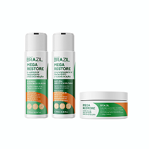 KIT HOME CARE RECONSTRUÇÃO INTENSIVA MEGA RESTORE 250ml, MÁSCARA DE RESTAURAÇÃO 3D MEGA RESTORE 300g