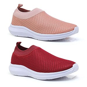Tênis Meia Original Slip On Sem Cadarço Elástico Bege e Vermelho