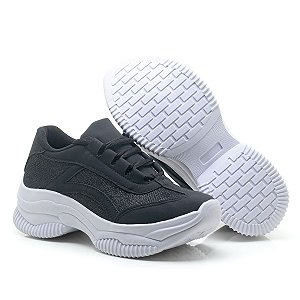 Tênis Feminino Plataforma Casual Sneakers Preto Glíter