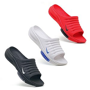 Kit 3 Chinelo Slide Nike Zoom Masculino Sandália Todo Preto, Branco Azul e Vermelho Preto