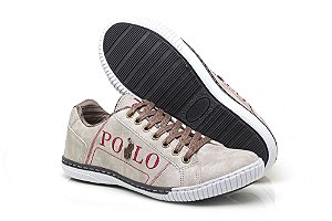 Tênis Polo em Couro Sintético Costurado Bege