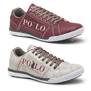 Kit 2 Tênis Polo em Couro Sintético Costurado Bege e Bordo