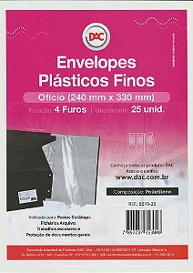 25 Envelopes Plásticos Finos Ofício Com 4 furos DAC 5070-25