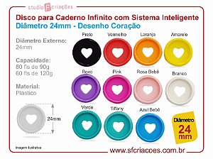 Disco para Caderno Infinito com Sistema Inteligente Diâmetro 24mm - Desenho Coração - Cores