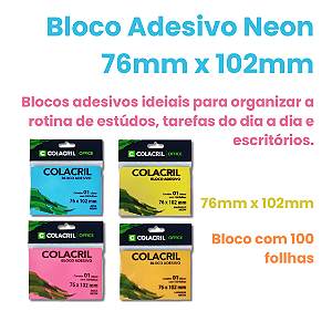 Bloco Post It Papel Adesivado Neon 76x102mm - UN