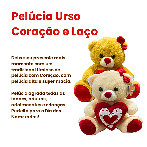 Urso de Pelúcia com Laço e Coração 30cm - Fizzy