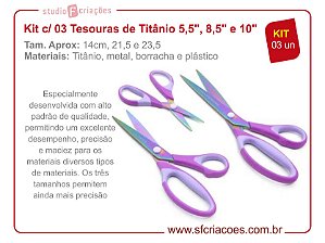 Kit com 03 Tesouras de Titânio 5,5", 8,5" e 10"