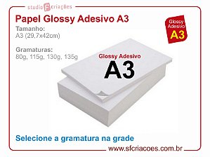 Papel fotográfico A3 - Glossy Adesivo - Pacote com 20 fls - (Selecione gramatura e quantidade na grade)