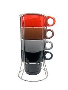 Conjunto de 4 Xícaras Coloridas em Cerâmica Com Suporte