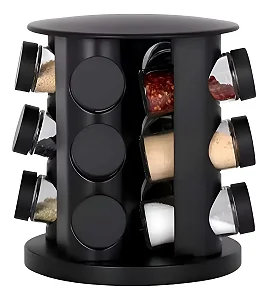 Porta Temperos Giratório com 9 Potes de Vidro e Tampa Dosadora – Cor Preto
