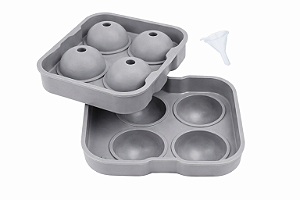 Forma de Gelo Esfera Bola Silicone Grande 4 Esferas + Tampa e Funil Cinza