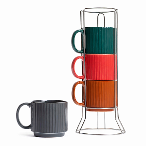 Jogo 4 Xícaras Chá Cerâmica 80ml Coloridas com Suporte