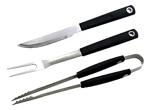 Jogo Churrasco Aço Inox Garfo Pegador Faca Cabo Resistente Easy Grill