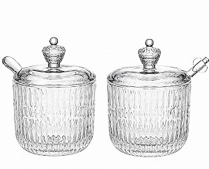 Açucareiro E Meleira Vidro Cristal Decorado Transparente