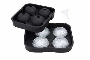 Forma de Gelo Esfera Bola Silicone Grande 4 Esferas + Tampa e Funil Preto