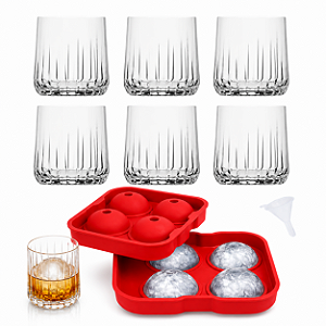 Kit Whisky Premium 6 Copos de Vidro 310ml + Forma de Gelo Silicone Esfera Grande para Drinks e Whisky
