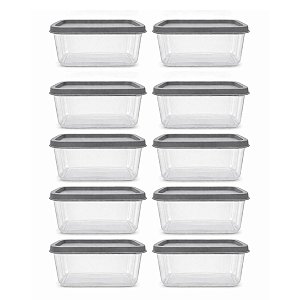 Kit 10 Potes Herméticos 900ml Quadrados Empilháveis Cinza