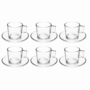 Jogo 6 Xícaras De Café Em Vidro 90ml Com 6 Pires Transparente Premium