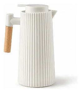 Garrafa Térmica De Café 1 Litro Canelada Cabo De Madeira Branca
