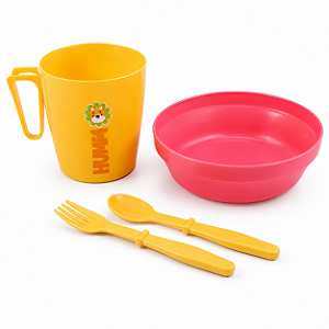 Kit Alimentação Infantil Bebe 4 Peças com Caneca, Tigela, Garfo e Colher