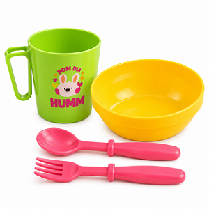 Kit Alimentação Infantil Bebe 4 Peças com Caneca, Tigela, Garfo e Colher