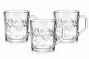 Kit 3 Xícaras de Vidro 240 ml com Detalhes em Relevo - Caneca de Vidro