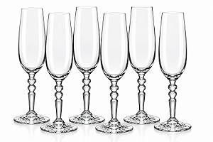 Jogo 6 Taças para Champanhe em Cristal 250 ml com Haste Decorada