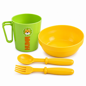 Kit Alimentação Infantil Bebe 4 Peças com Caneca, Tigela, Garfo e Colher