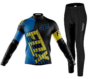 Kit Camisa Ciclismo Fox Azul Longa C/ Calça Espuma Uv Decole