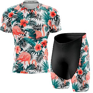 Kit Camisa Bike Floral Flamingo c/ Bermuda Forro Gel D80 Uv