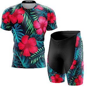 Kit Camisa Bike Floral Tropical c/ Bermuda Forro Gel D80 Uv