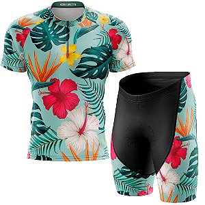 Kit Camisa Bike Folhas Tropicais c/ Bermuda Forro Gel D80 Uv