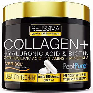 Colágeno + Ácidos Hialurônico/ Ortosilícico + Biotina - 100 Cápsulas - Belíssima Beauty