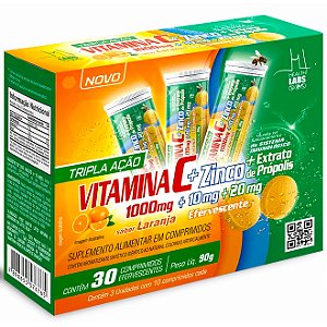 Vitamina C 1000mg Zinco 10mg Extrato de Própolis 20mg - 30 Efervescentes - Health Labs (Saúde Pele)