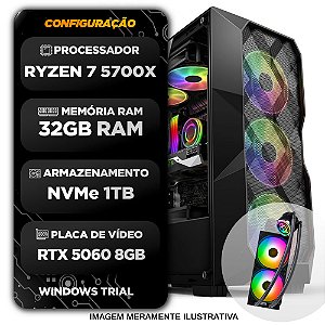Computador Gamer Ryzen 7 5700x - 32GB Memória DDR4 - SSD NVMe 1TB - RTX 5060 8GB - Fonte 700W 80 Plus - Water Cooler RGB