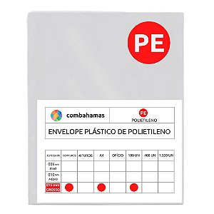 ENVELOPE PLÁSTICO, PE, A4, 23,5 X 30 X 015, GROSSO, SEM FUROS, 100 UN