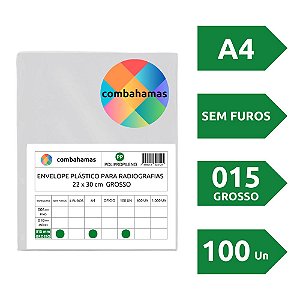 SACO PLÁSTICO, PP, A4, 22 X 30 X 015, GROSSO, SEM FUROS, PASTA, EXAME, RADIOGRAFIAS, 100 UN